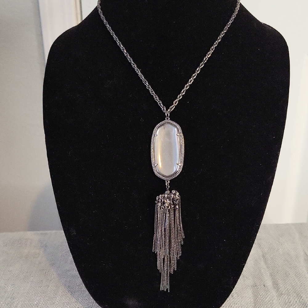 Kendra Scott "Rayne" Clear Mirror Crystal Pendant Tassel Necklace in Gunmetal